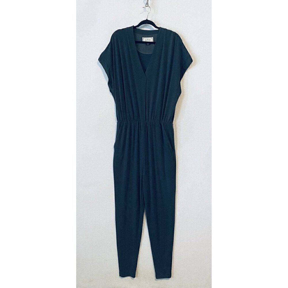 By Malene Birger Jumpsuit Womens Large Dark Green V Neck Pockets Crepe Silk Trim